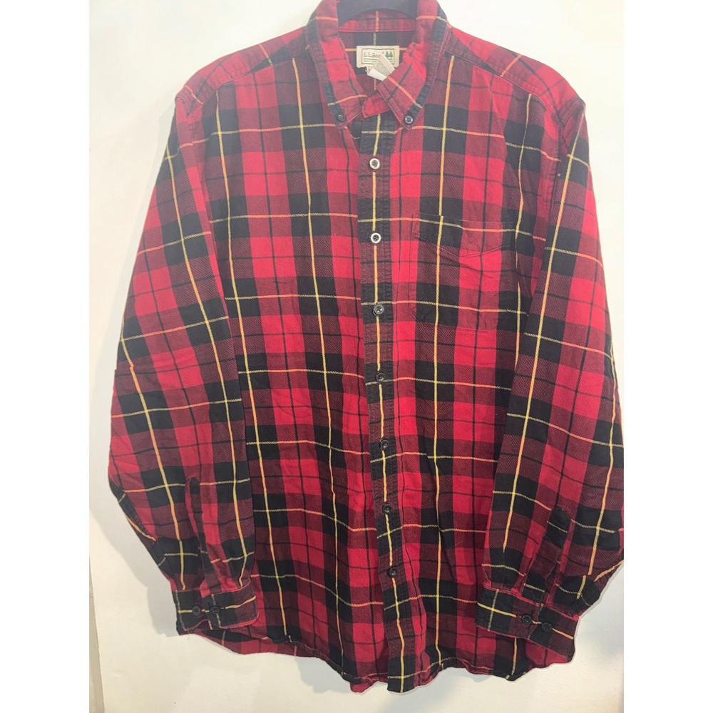LL Bean Flannel Shirt Mens Large Tall Red Black Plaid Button Down 100% Cotton